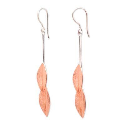 Feminine Leaves,'Rose Gold Accent Sterling Silver Leaf Dangle Earrings'