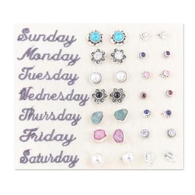 Lifetime Jewels,'Set of 14 Polished Gemstone Stud Earrings Crafted in India'