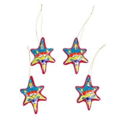 Floral Sunrise,'Set of 4 Handcrafted Ceramic Talavera Star Ornaments in Red'