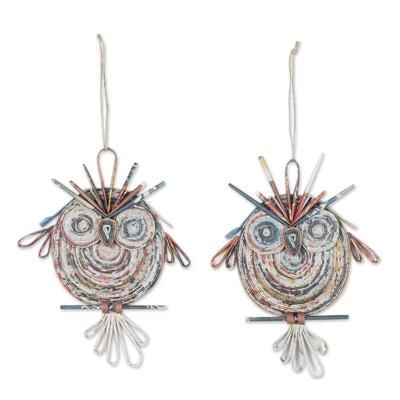 Wise Guardians,'Handcrafted Recycled Paper Owl Ornaments from India (Pair)'