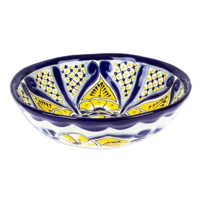 Sunny Blooms,'Mexican Talavera Style Ceramic Salad Bowl with Flowers'