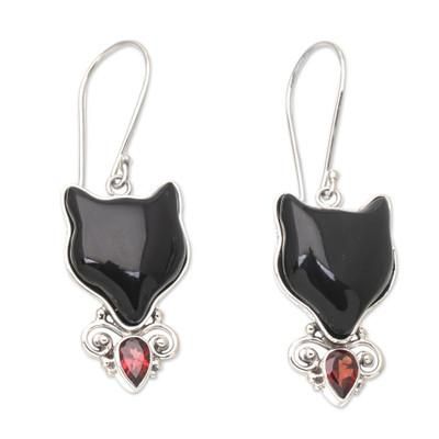 Abstract Cats,'Horn Garnet & Sterling Silver Cat Dangle Earrings from Bali'