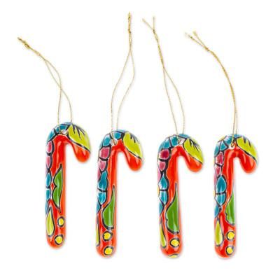 Vermilion Canes,'Set of 4 Ceramic Ornaments with Floral Motifs in Vermilion'