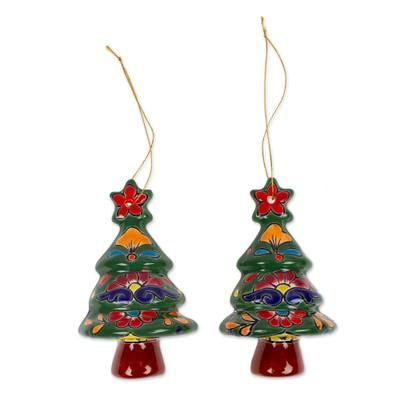 Talavera Celebration,'Floral Ceramic Christmas Tree Ornaments from Mexico (Pair)'