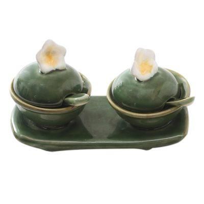 'Frangipani-Themed Ceramic Condiment Set from Bali (5 Pcs)'
