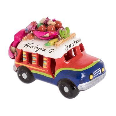 Mini Old Time Bus,'Green Striped Ceramic Bus 3 Inch Figurine from Guatemala'