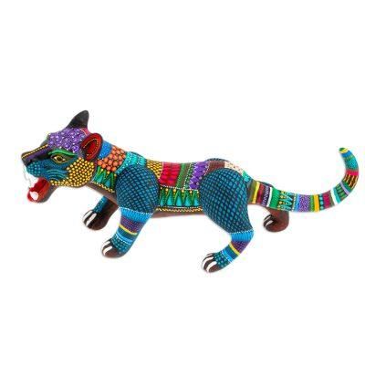 Ferocious Cyan,'Handcrafted Ceramic Alebrije Figurine of Colorful Jaguar'