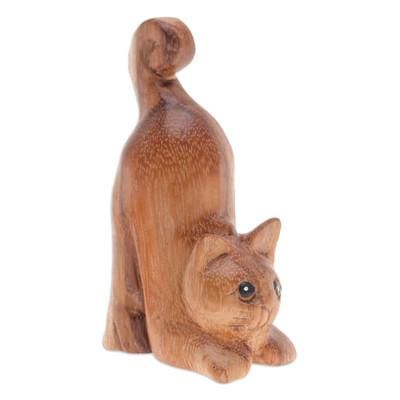 Feline Relaxation,'Hand-Carved Raintree Wood Stretching Cat Figurine'