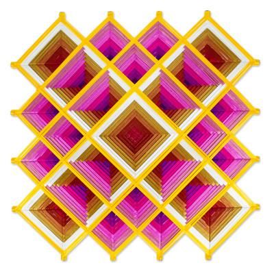 Pink Divinity,'Pine Wood Handwoven Pink Wall Art with Geometric Motifs'