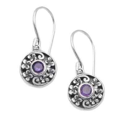 Wisdom Fragrances,'Floral Round Faceted Amethyst Dangle Earrings from Bali'