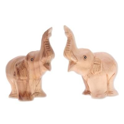 Twin Greeting,'Set of 2 Hand-Carved Elephant Raintree Wood Sculptures'