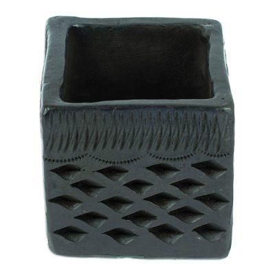 Square & Diamonds,'Mexican Handmade Barro Negro Black Ceramic Mini Flower Pot'
