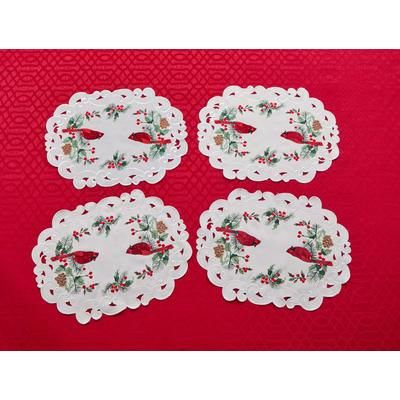 Set of 4 Embroidered Cut-Out Placemats by BrylaneHome in Mistletoe Cardinal