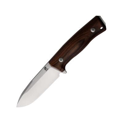 Saturn Knives Mimas Santos Fixed Blade Knife 9.5in Overall 4.5in Satin Finish Sleipner Tool Steel Drop Point Blade Santos Wood Handle Leather Sheath