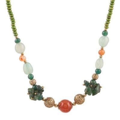 Forest Flair,'Quartz and Agate Beaded Long Necklace Crafted in India'