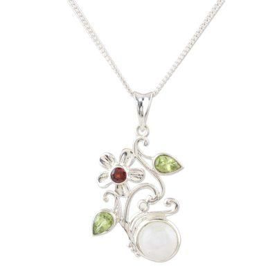 Garden Moon,'Peridot and Garnet Floral-Motif Pendant Necklace'