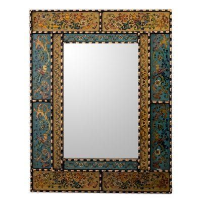 Golden Blue Elegance,'Reverse Painted Glass and Wood Framed Wall Mirror from Peru'