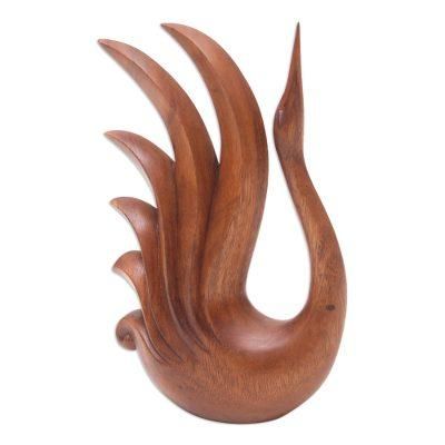 Divine Swan,'Hand-Carved Brown Suar Wood Sculpture of Elegant Swan'
