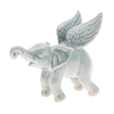 'Crackled-Finished Celadon Ceramic Winged Elephant Figurine'