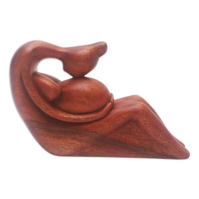 Belly Kiss,'Hand-Carved Suar Wood Sculpture of Pregnant Woman'