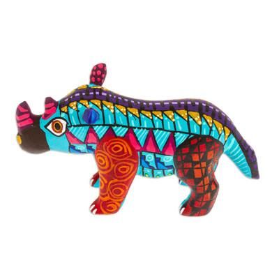 Aquamarine Rhino,'Alebrije Rhino Copal Wood Figurine Painted in Aquamarine'