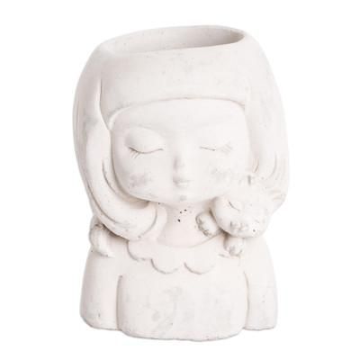 Love & Tenderness,'Handcrafted Whimsical Girl and Cat Cement Flower Pot'