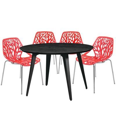 Leisuremod Ravenna Mid-Century Modern 5-Piece Dining Set with 4 Stackable Plastic Chairs and Round Wood Table with Metal Base for Kitchen and Dining Room - Leisurmod RTM47AC16R4