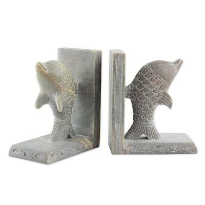 Soapstone bookends, 'Dancing Dolphins' (pair)