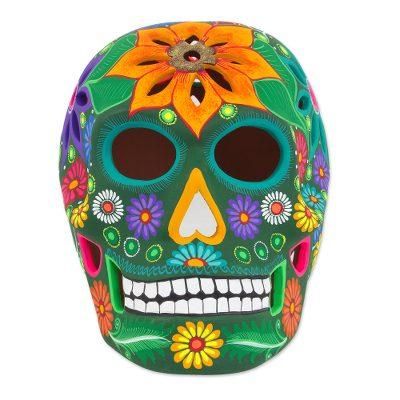 Cheerful Skull,'Floral Ceramic Day of the Dead Skull Sculpture from Mexico'