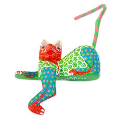 Lounging Cat in Green,'Handmade Alebrije for Shelf or Table'