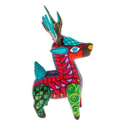 Charming Crimson Deer,'Copal Wood Alebrije Deer Figurine Painted in Crimson Hues'