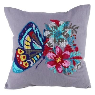 Butterfly Universe in Grey,'Embroidered Grey Butterfly Cotton Cushion Covers (Pair)'