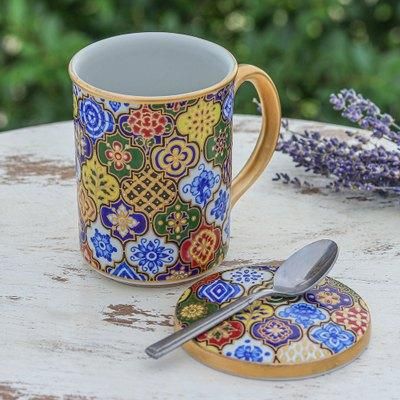 Thai Dream,'Gilded Blue Benjarong Porcelain Lidded Mug from Thailand'