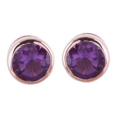 Sparkling World,'22k Rose Gold Plated Faceted Amethyst Stud Earrings'