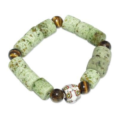 Green Courage,'Green Recycled Glass and Tiger's Eye Beaded Bracelet'