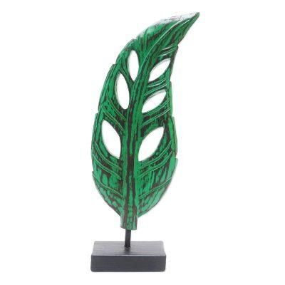 Lucky Leaves in Green,'Hand Crafted Albesia Wood Leaf Statuette'