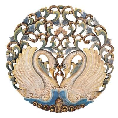 Swan Glory,'Hand-Painted Swan-Themed Suar Wood Relief Panel from Bali'