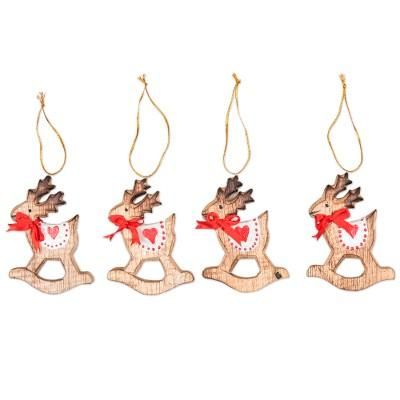 Adorable Deer,'Handcrafted Albesia Wood Rocking Deer Ornaments (Set of 4)'