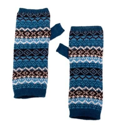 Humantay Lake,'100% Baby Alpaca Knit Fingerless Mitts in Blue from Peru'