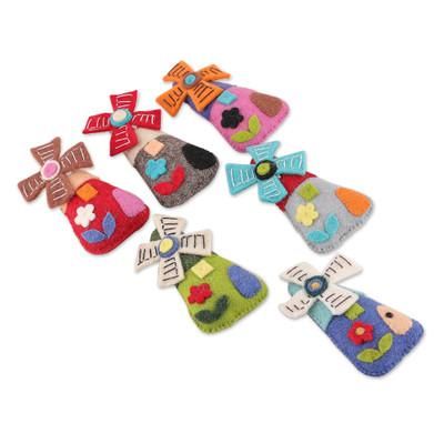 Fantasy Windmills,'Set of Six Whimsical Wool and Cotton Windmill Ornaments'