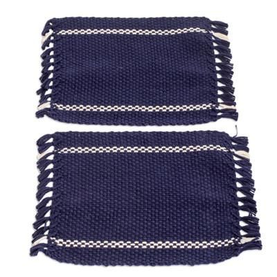 Moments,'Pair of Hand-Woven Fringed Cotton Coasters in Blue and White'