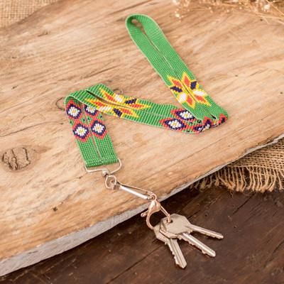 Key to Elysium,'Handcrafted Floral Glass Beaded Keychain in Bright Green'