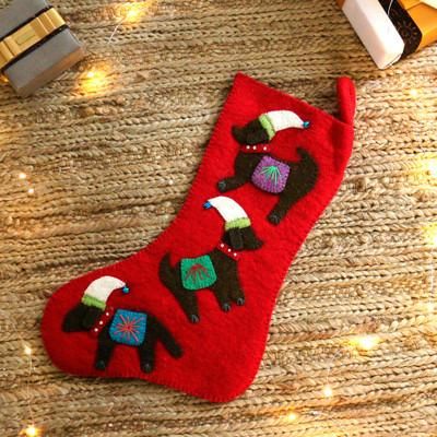 Festive Dogs,'Handmade Applique Wool Felt Beaded Dog Christmas Stocking'