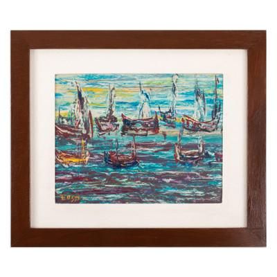 Fishing Port,'Framed Signed Expressionist Oil Fishing Port Painting'