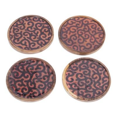 Fire Ivy,'Set of 4 Ivy-Patterned Black and Orange Neem Wood Coasters'