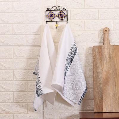 '2 Hand-Block Printed Floral and Leaf Cotton Dish Towels'