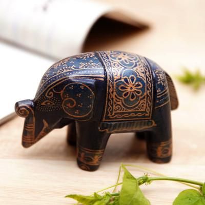 Mystic Giant,'Batik Floral Elephant-Shaped Blue Pule Wood Figurine'