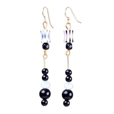 Luxurious Illusion,'Black and White Plastic and Glass Beaded Dangle Earrings'