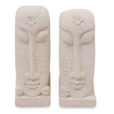 Harum Couple,'Pair of Hand Carved Sandstone Face Sculptures from Indonesia'