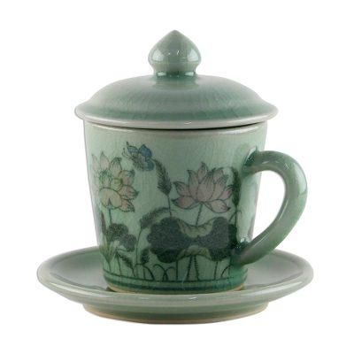 Lanna Luxury,'Celadon Glazed Ceramic Floral Cup and Saucer from Thailand'